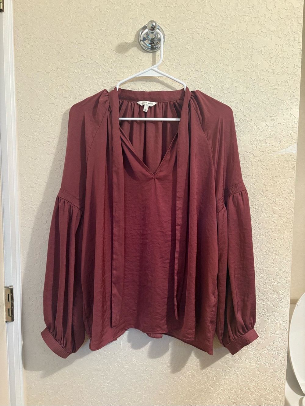 Lucky Brand Burgundy V-Neck Long Sleeve Blouse with Tie